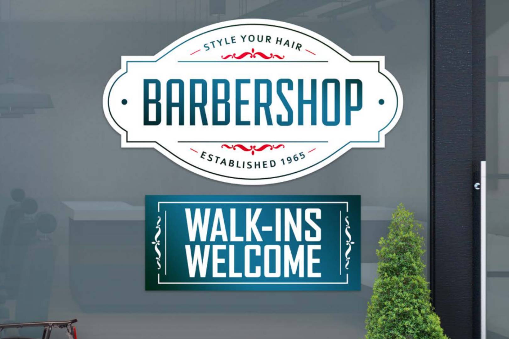 Barbershop sign welcoming walk-in customers.