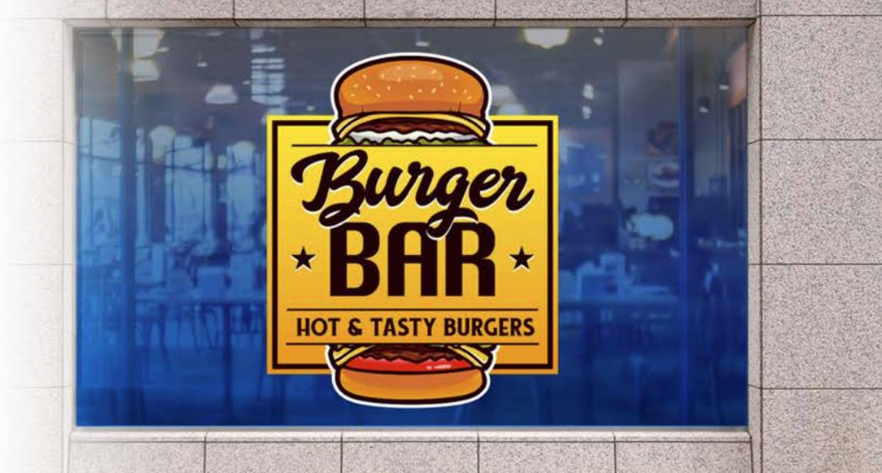Bright Burger Bar sign advertising hot and tasty burgers.