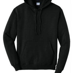 Plain black hoodie with a front pocket and drawstrings.