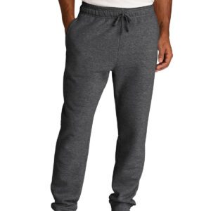 Dark gray jogger pants with a drawstring waist and side pockets.