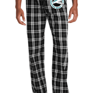 Black and white plaid pajama pants with a graphic logo on one thigh.