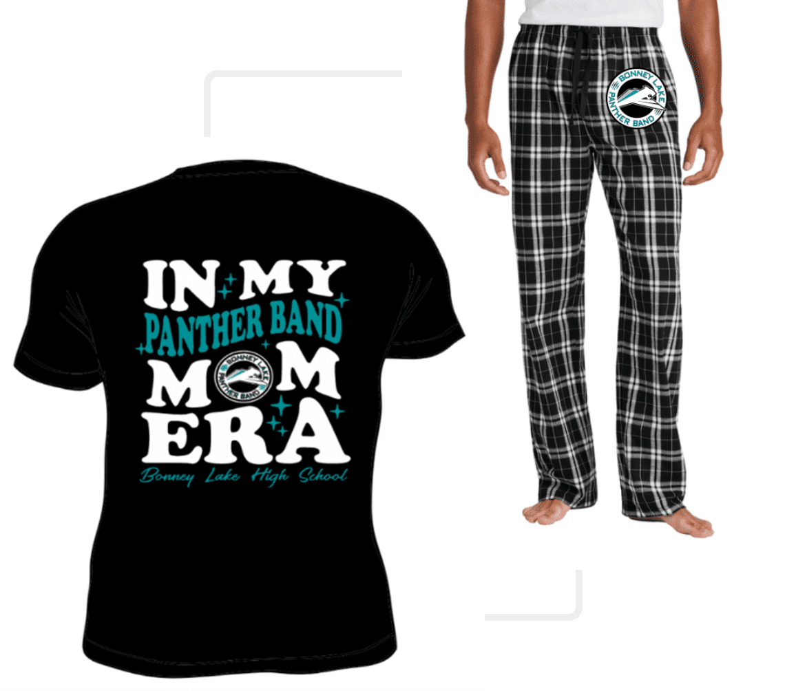 Black T-shirt with 'In My Panther Band Mom Era' text and plaid pajama pants.