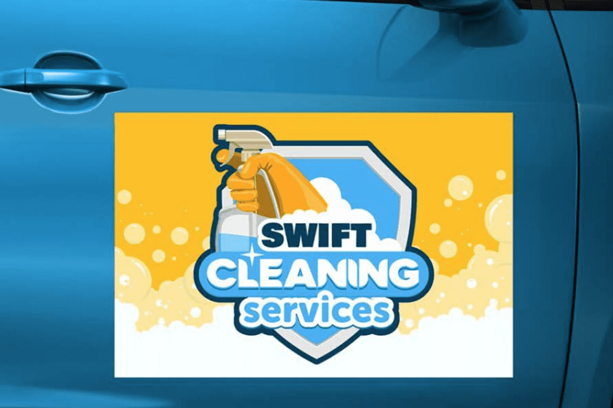 Logo for Swift Cleaning Services featuring a spray bottle and bubbles.
